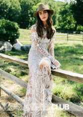 Marcia |Long Sleeve Wedding Dresses White Boho Mermaid Lace with Beach - White - PromDressClub